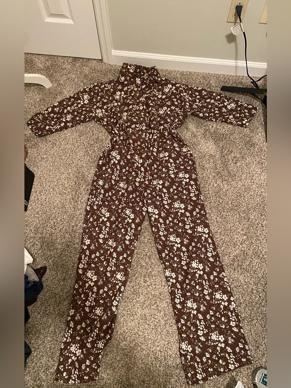 Women's Brown Floral Jumpsuit - 3/4 Sleeve Unbranded Size M/L